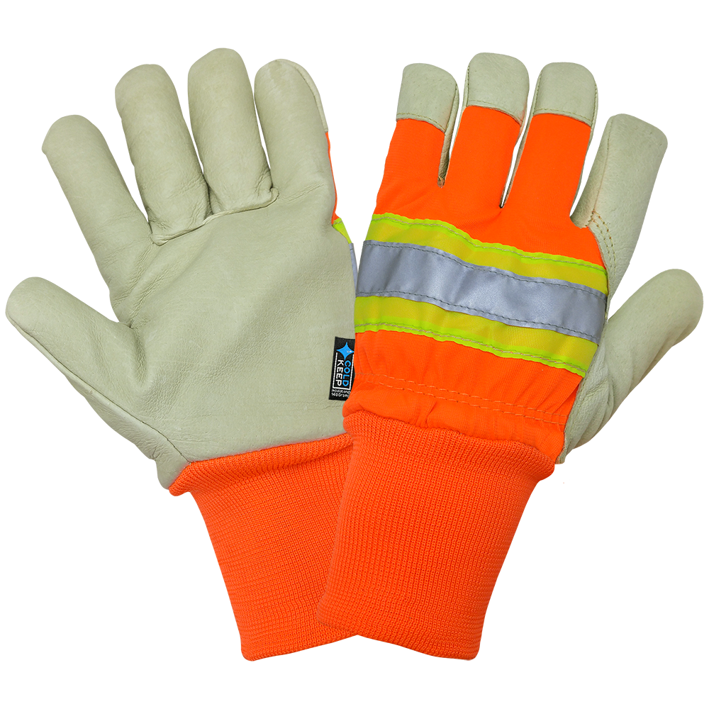 12 Pair Global Glove Insulated Hi-Vis Pig Skin Glove with Knit Wrist 2900HVKW 